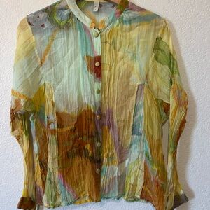 Yavi Chanderi Summer Labile Button Front Shirt in Yellow Multi Color - Size M